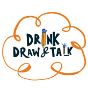 Drink Draw Talk official logo featuring a pencil and orange cloud