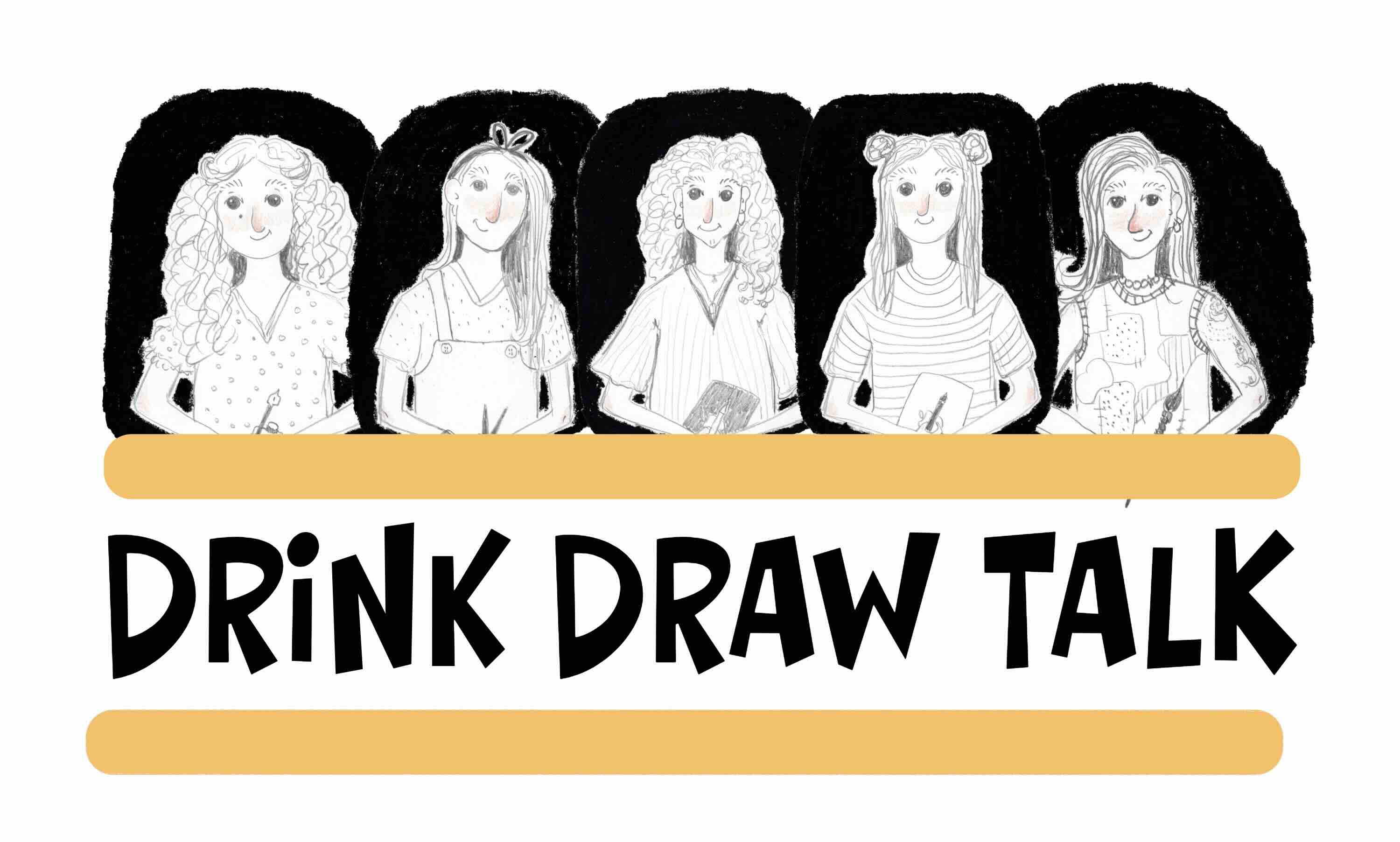 Illustration of the five Drink Draw Talk founders drawing and collaborating together